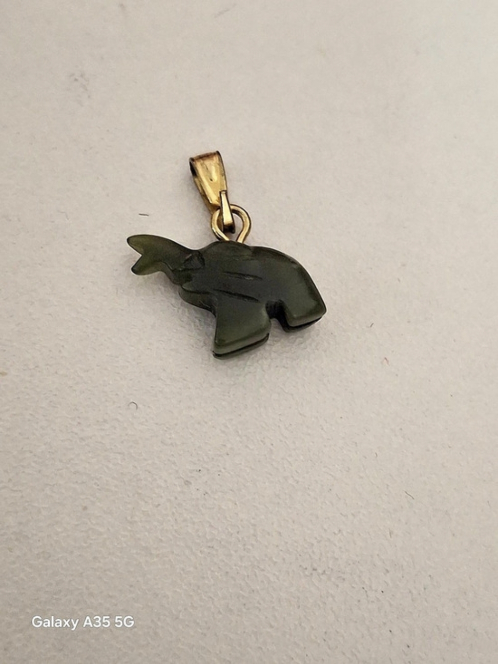 Green & Gold Carved Jade Elephant Pendant Vintage